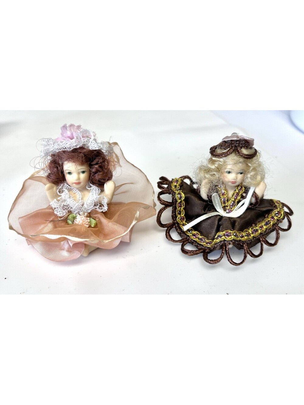 Set of 2 Vintage Miniature Small Bisque Sitting Porcelain Dolls Brown Pink